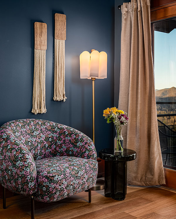 Luxury guest room at SoHum Mountain Healing Resort with a mountain view