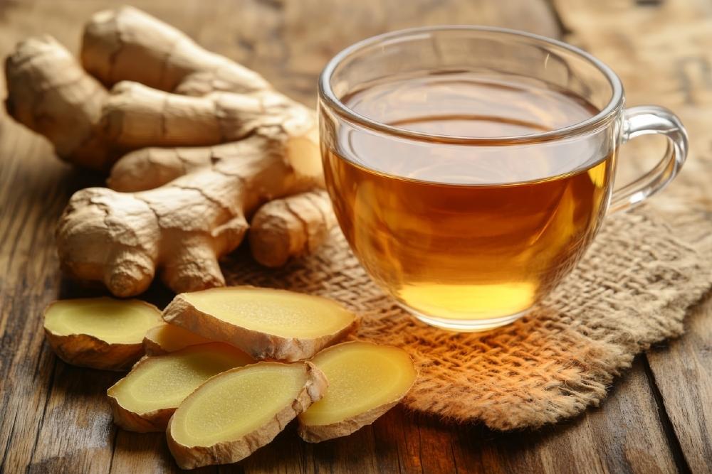 A translucent glass mug of warm ginger tea beside a ginger root.