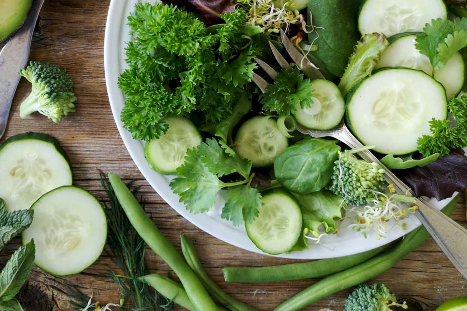 salad greens with kapha vegetables like broccoli, zucchini and green beans