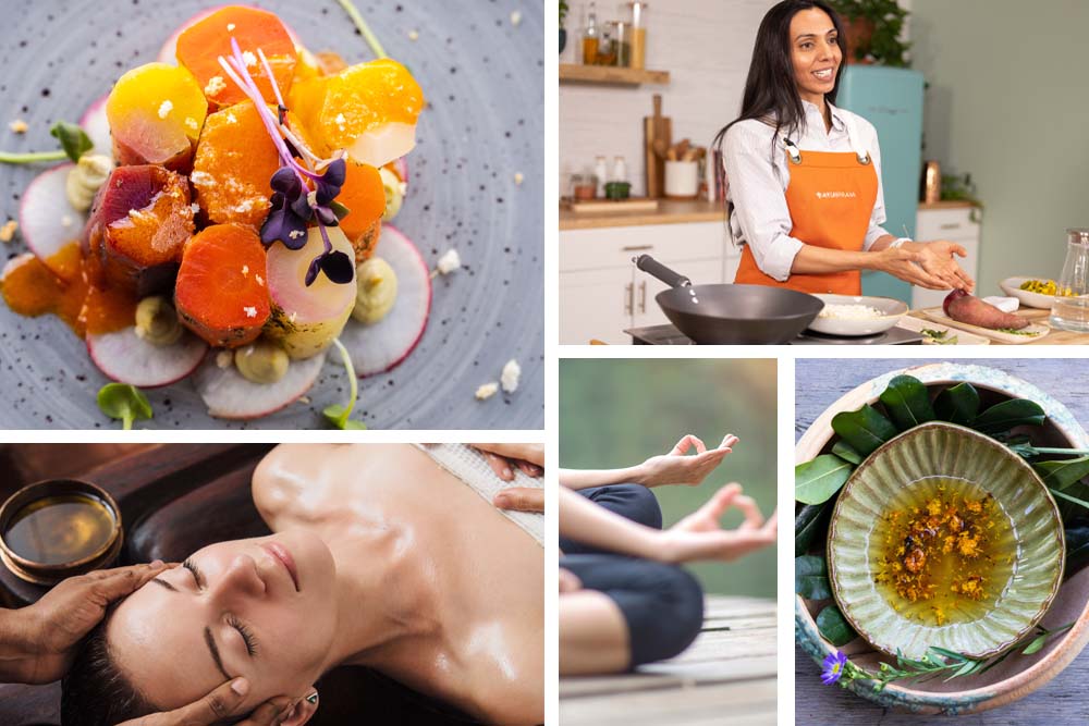 collage of Ayurvedic food, cooking and treatments at SoHum Mountain Healing Resort