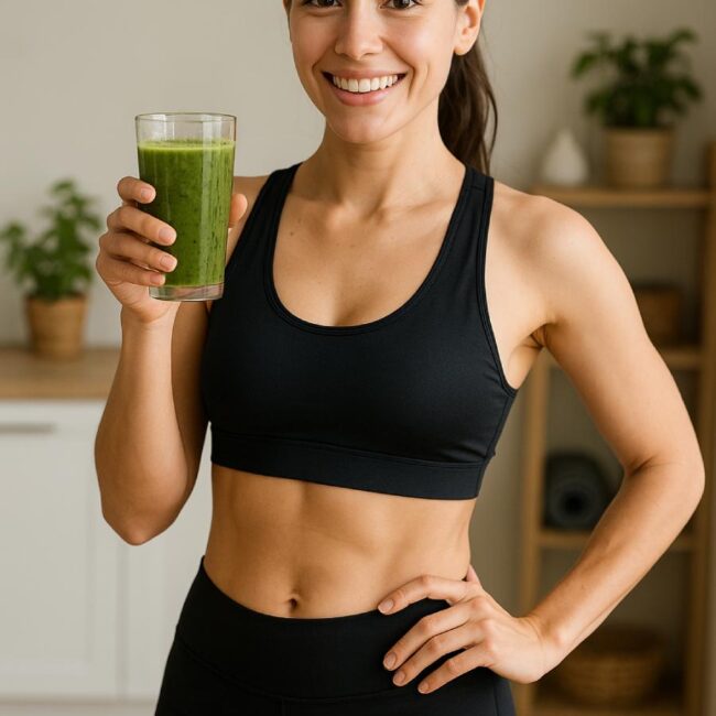 Girl holding a smoothie surrounded by ayervedic herbs
