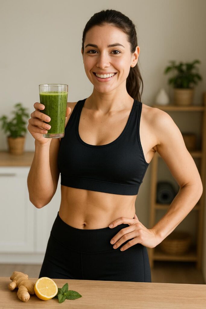 Girl holding a smoothie surrounded by ayervedic herbs