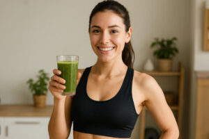 Girl holding a smoothie surrounded by ayervedic herbs