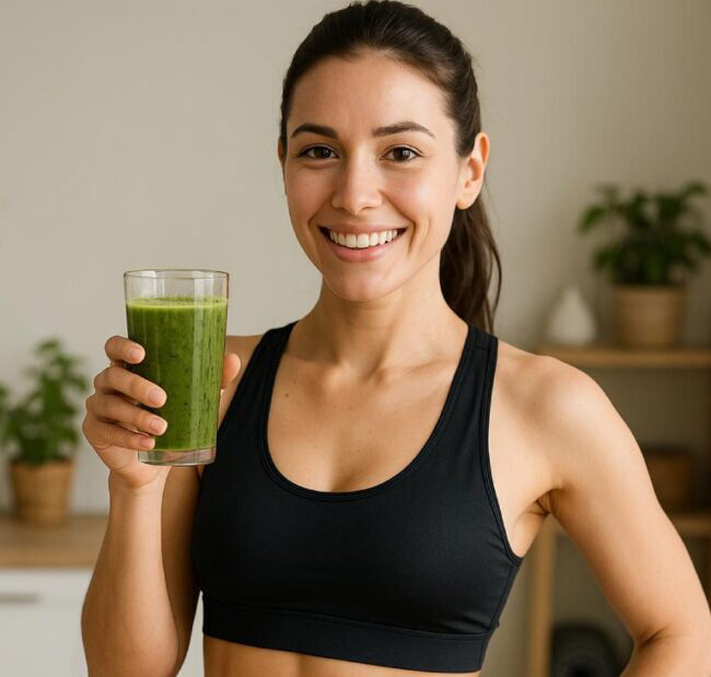 Girl holding a smoothie surrounded by ayervedic herbs