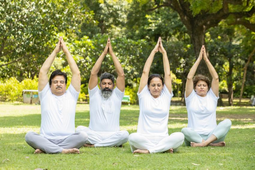 A group of older men and women, dressed in white, engage in Ayurveda yoga in the grass.
