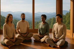 A group of four people meditating in the mountains of Asheville.