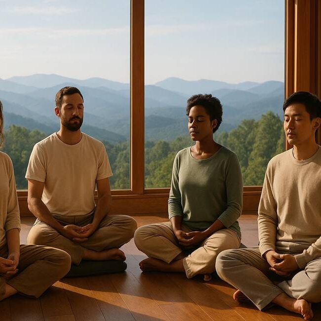 A group of four people meditating in the mountains of Asheville.