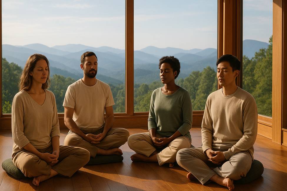 A group of four people meditating in the mountains of Asheville.