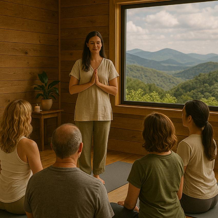 A group of people sitting in a room at a Panchakarma retreat with a person standing in front of them