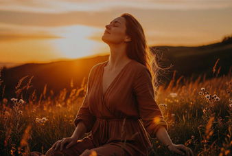 woman on mountainside at sunset