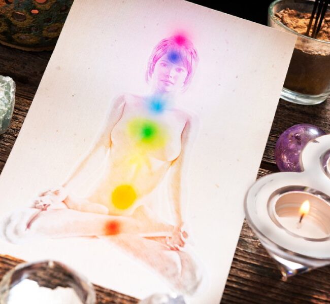 The Chakras illustrated in watercolor over a human form.