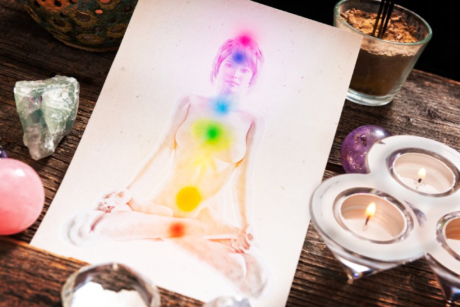 The Chakras illustrated in watercolor over a human form.