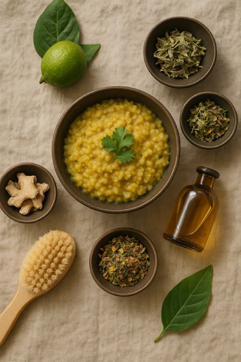 Top-down view of an ayurvedic cleanse setup.