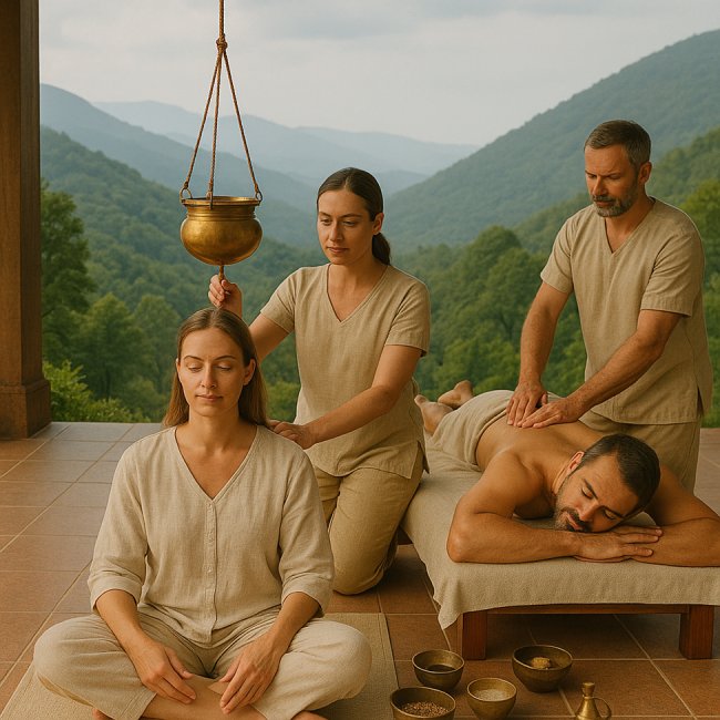 A group of people at a Panchakarma retreat in the mountains.