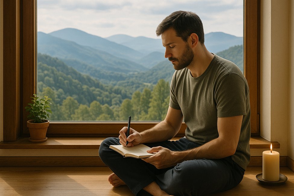 A man with short dark hair and a beard sits cross-legged on a hardwood floor, writing in a notebook.
