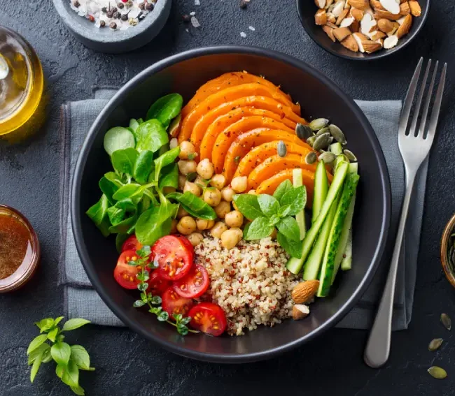 A colorful, vegetarian bowl of Ayurvedic-inspired food to nourish and restore.