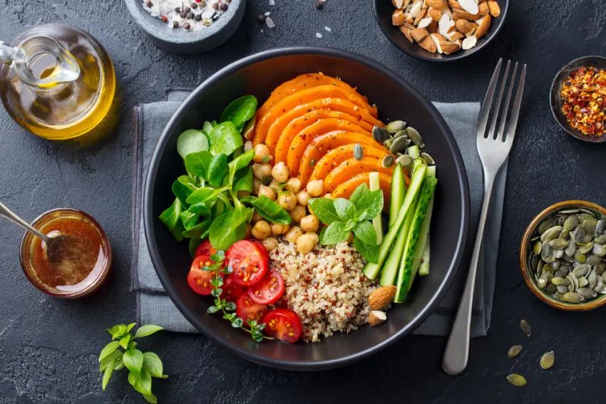 A colorful, vegetarian bowl of Ayurvedic-inspired food to nourish and restore.