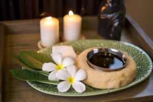 Materials for a Basti at an Ayurvedic spa.