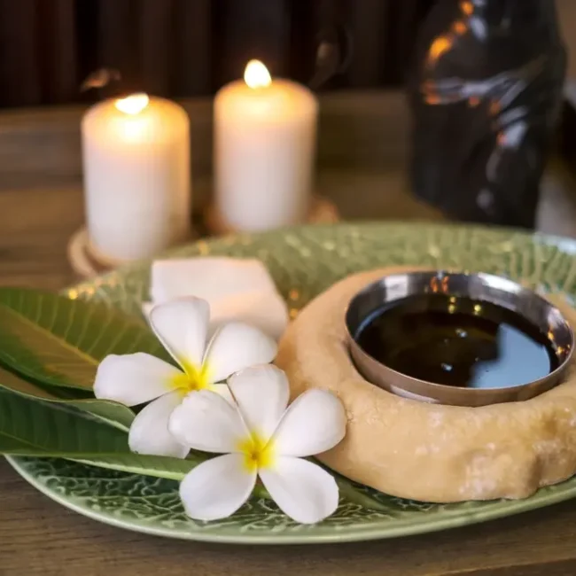 Materials for a Basti at an Ayurvedic spa.