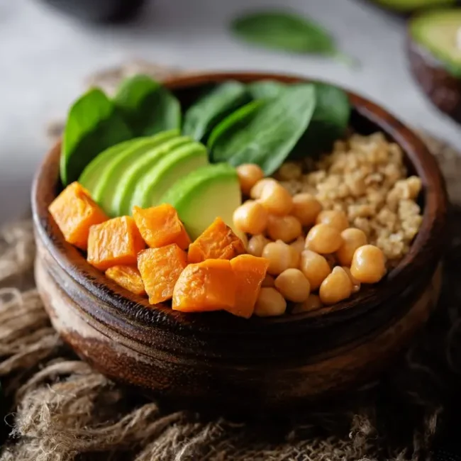 A bowl of spinach, quinoa, sweet potato, and avocado